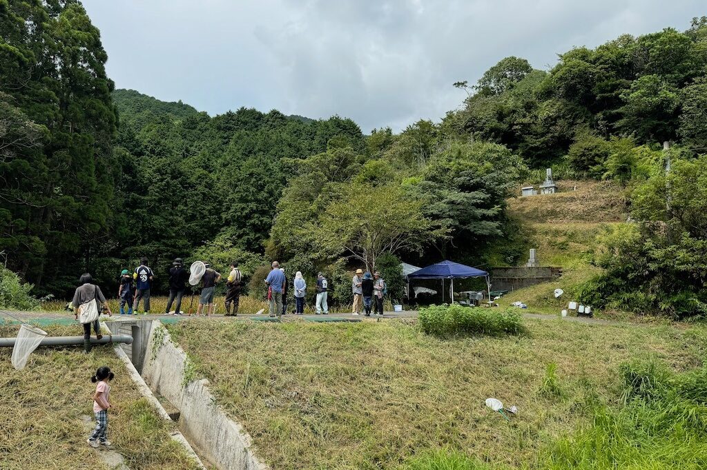 丘陵地帯のなかほどにあるジンデ池(奥)。かつては下流の田んぼで神社に奉納する米を作っていた。いまは耕作する人もなく空き地になっている。