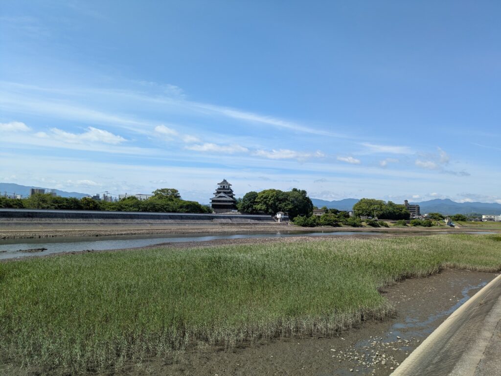 中津川左岸、河口近くから中津城を臨む。