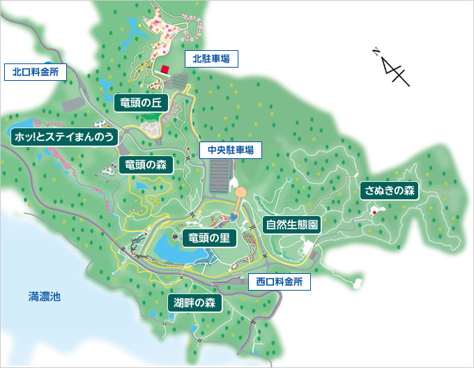 国営讃岐まんのう公園案内図（国営公園のホームページから）。 満濃池の東側に、池の３倍を超す面積のレジャー公園が建設された。