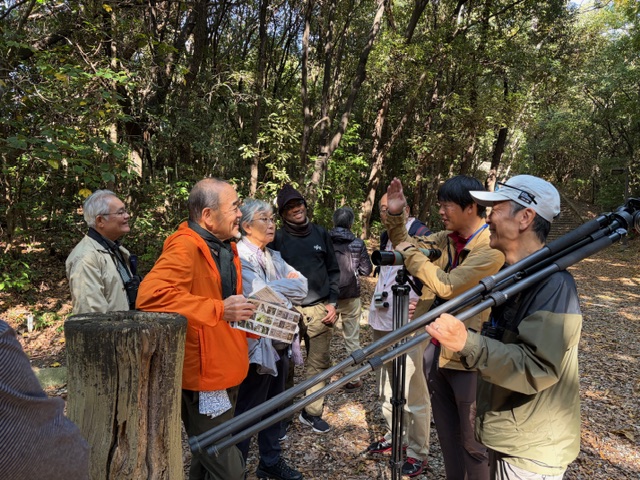 ⑪南港ウェットランドグループの高田博さん（右手前）、和田太一さん(右奥)にガイドしてもらった。